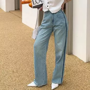 Французские джинсы, женские летние элегантные прямые брюки с высокой талией, зеленые кожаные стандартные длинные брюки 26 синий