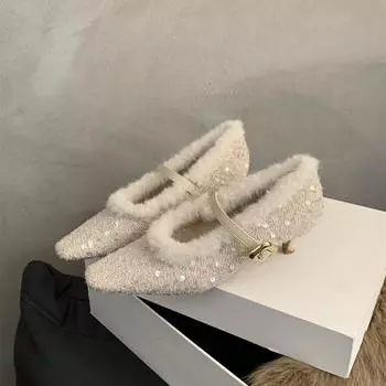 Французские феи туфли на шпильках 2025 года корейская версия нежного темперамента пушистая обувь женская одежда женская обувь Мэри Джейн 35