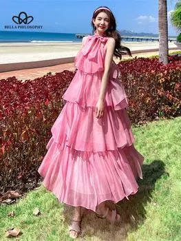 Французские каникулы, супер фея, платье с бретельками на шее, женское розовое платье для похудения, модное пляжное вечернее платье S розовый