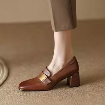 Французские кожаные туфли-одиночки женские универсальные туфли на высоком квадратном каблуке женские повседневные туфли на толстом каблуке в стиле ретро в британском стиле 35 светло-коричневого