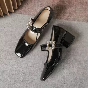 Французские кожаные туфли в стиле ретро с квадратным носком, кожаные балетки со стразами и квадратной пряжкой, женские туфли на плоской подошве, туфли Мэри Джейн, осень