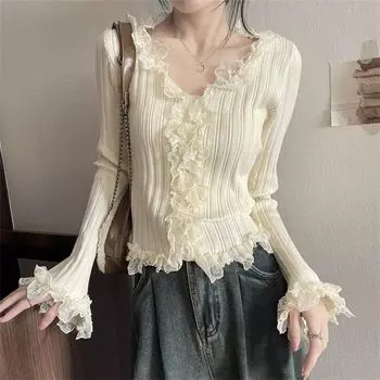 Французские красивые кружевные трикотажные топы женские осенне-зимние однотонные элегантные тонкие свитера с милой основой корейские модные рюшированные топы новые S белый