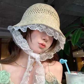Французские кружевные шапки с вышивкой из полой соломы для женщин, весенние и летние каникулы на морском пляже, солнцезащитный крем, фея в стиле панамы 56-58cm белый