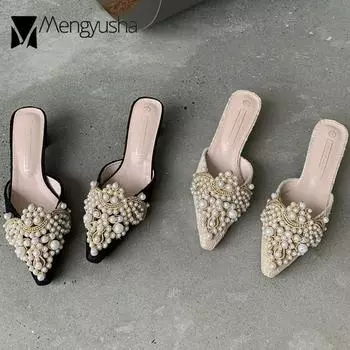 Французские кружевные шлепанцы с закрытым носком, женские шлепанцы с бисером, жемчужные туфли, женские летние туфли на среднем каблуке, мюли, дорожные тапочки 5 абрикосовый