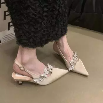 Французские легкие роскошные босоножки-мешки со стразами женские весенние атласные остроносые туфли на шпильке темперамент тонкие низкие каблуки 34 розовый