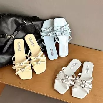 Французские милые классные туфли на высоком каблуке женская летняя одежда новые толстые каблуки стразы нежный темперамент универсальный танкетка одно слово перетаскивание 35 синий