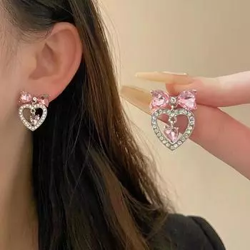 Французские милые женские серьги-джокеры с розовым бантом и геометрическим рисунком в виде любви