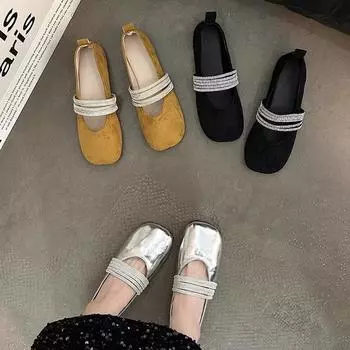 Французские нежные вечерние туфли-лоферы женские весна-лето новый нишевый дизайн стразы плоская подошва неглубокий носок повседневная обувь 35 чёрный