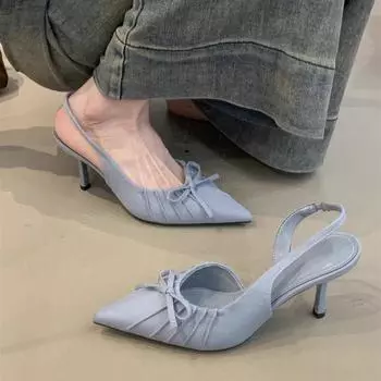 Французские нишевые темпераментные высокие каблуки женские 2025 весна бант заостренный нос неглубокий нос тонкий каблук сандалии мешок головка 35 чёрный