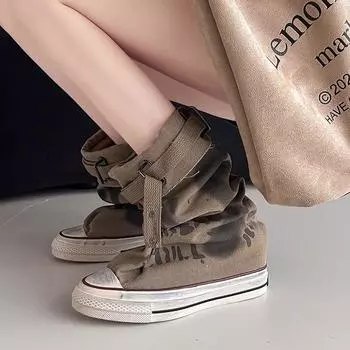 Французские нишевые заостренные нескользящие высокие парусиновые сапоги женские 2024 летние и осенние новые верхние сапоги старые ворсовые средние сапоги прилив 35 хаки