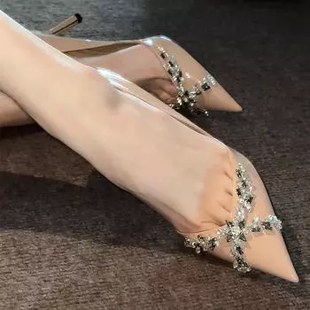 Французские новые туфли на высоком каблуке с острым носком, украшенные стразами, женские туфли на тонком каблуке из лакированной кожи, сексуальные, универсальные и тонкие, профессиональные туфли для поездок на работу 34 телесный