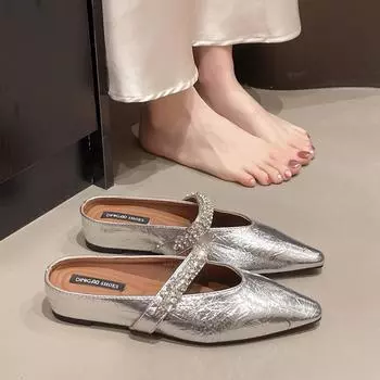 Французские остроносые стразы с полутапочками для женской верхней одежды 2025 новые однопедальные внутренние сандалии с плоской подошвой, увеличивающие рост 35 серебряный
