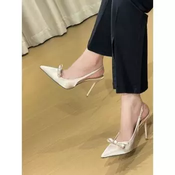 Французские остроносые туфли на высоком каблуке женские туфли-стилет темперамент светские туфли весна-лето новые босоножки в стиле феи с бантом на голове 35 абрикосовый