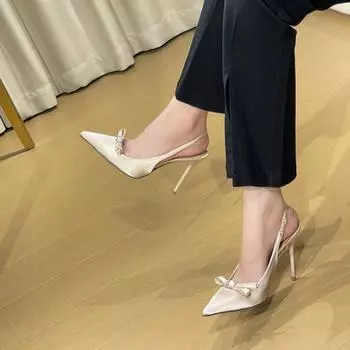 Французские остроносые туфли на высоком каблуке женские туфли-стилет темперамент светские туфли весна-лето новые босоножки в стиле феи с бантом на голове 34 шампанского