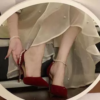 Французские остроносые замшевые туфли с жемчугом на высоком каблуке женские туфли-шпильки для взрослых подарочные сандалии на голову свадебное шоу бордовые свадебные туфли 34