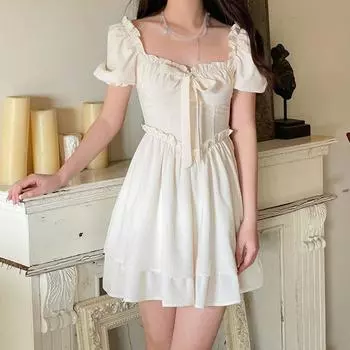 Французские платья Сплошной цвет Сладкие пышные рукава Лук Тонкий квадратный вырез L
