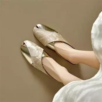 Французские полутапочки Baotou из мягкой кожи с принтом в национальном стиле, цветные, квадратные, с плоским дном, ленивые, классные тапочки Muller 35 абрикосовый