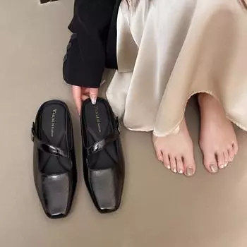 Французские полутапочки-мешки женские летние 2025 года, новые универсальные темпераментные туфли для поездок на работу на одной педали с низким каблуком на липучке 35 чёрный