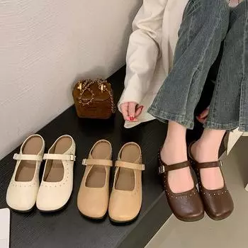 Французские полутапочки с мешком на голове 2025 года, новые весенние туфли с юбкой, маленькие заклепки на низком каблуке, наружная одежда, классные тапочки для женщин 35 темно-коричневого