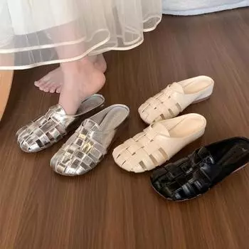 Французские полутапочки с мешком на голове, женская летняя одежда 2024 года, новые с юбкой, плоские серебристые туфли, одна нога, классные тапочки 35 бежевый