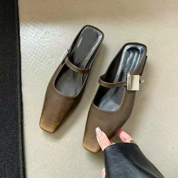 Французские полутапочки с мешковиной, женская верхняя одежда на весну и лето 2025, новые вечерние туфли с толстой пяткой и полуподдержкой, классные тапочки 35 чёрный