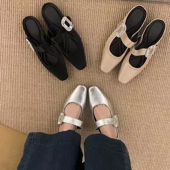 Французские полутапочки с плоским дном и серебряными стразами, женская обувь, новинка 2025 года, туфли Мэри Джейн для весны и лета 35 чёрный