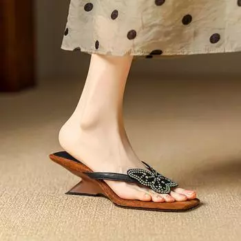 Французские потрясающие босоножки на высоком каблуке, женская летняя одежда, модные тапочки со стразами и бантом, шлепанцы с носками 35