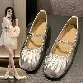 Французские ретро-балетки со складками Туфли Мэри Джейн на плоской подошве Женские весенние серебристые одинарные туфли с мягкой подошвой 35 серебряный