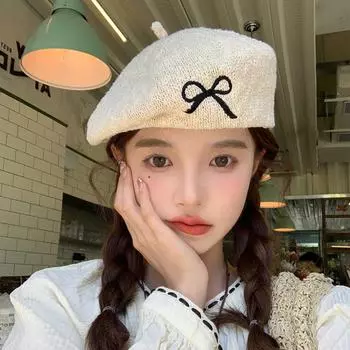 Французские ретро-береты с вышитым бантом для женщин, лето 2024, новые дышащие солнцезащитные универсальные милые вязаные шапки художника 56-58cm бежевый
