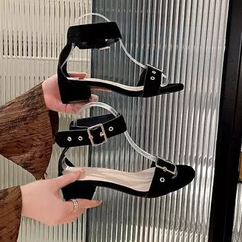 Французские ретро-босоножки на толстом каблуке с одной пряжкой из металла, женские туфли 2024 года лета из матовой кожи с открытым носком и средним каблуком 35 чёрный