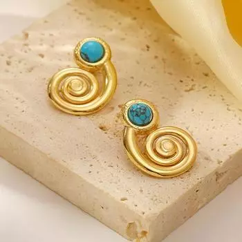 Французские ретро легкие роскошные серьги из 18-каратного золота из нержавеющей стали с натуральным камнем, инкрустированные натуральным камнем, спиральные женские украшения 18K
