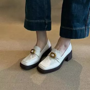 Французские ретро-лоферы на высоком каблуке для женщин, простые толстые каблуки, металлическая пряжка, неглубокий носок, одинарные туфли на каблуках для женщин, Zaptos Mujer 35