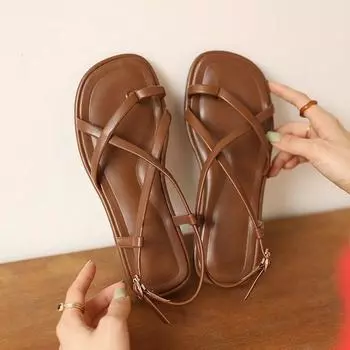 Французские ретро римские сандалии женские дизайнерские с плоской подошвой универсальные плетеные ремешки пряжка с одним словом низкий каблук удобные пляжные туфли 35 коричневый