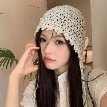 Французские ретро-шапки с жемчужной бахромой для женщин, летние, осенние, фото, универсальные, ручная работа, вязаные крючком шапки-бини 56-58cm бежевый