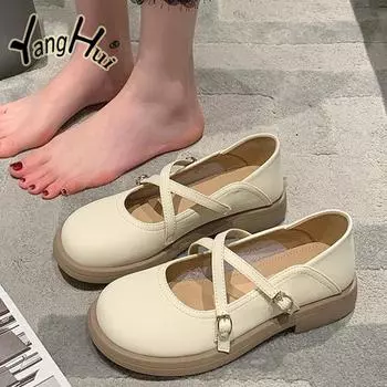 Французские ретро туфли Мэри Джейн с толстой подошвой и нескользящей подошвой из искусственной кожи для женщин 2024 года, новые модные повседневные простые удобные туфли-лодочки на лето 35 абрикосовый