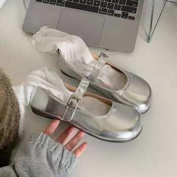 Французские ретро туфли Мэри Джейн женские весна 2025 новые маленькие кожаные туфли женские на плоской подошве универсальные серебристые одинарные туфли вечерние туфли 35 серебряный