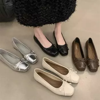 Французские ретро туфли на плоской подошве с серебряным бантом, нежные женские туфли 35 абрикосовый