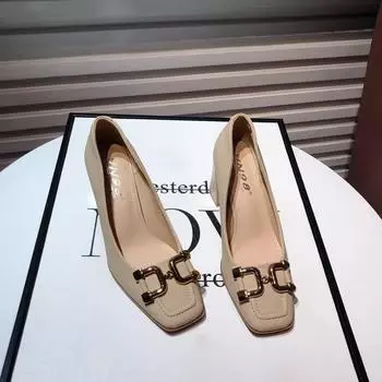 Французские ретро туфли на толстом каблуке с квадратной головкой, женские, весна 2024, новые модные туфли с металлической пряжкой и светлым ртом на высоком каблуке, профессиональная обувь 34