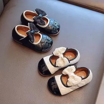 Французские ретро-туфли с бантом для девочек, маленькие кожаные туфли, весенняя новая детская повседневная обувь, модные туфли принцессы для девочек, мягкие однотонные туфли 21 yards inner length 14cm