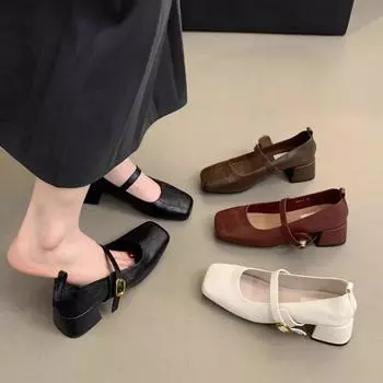 Французские ретро-туфли с квадратной головкой и легким ртом, женские туфли на среднем каблуке, вечерние, темпераментные, фея, толстый каблук, туфли Мэри Джейн, маленькие кожаные туфли 35 коричневый