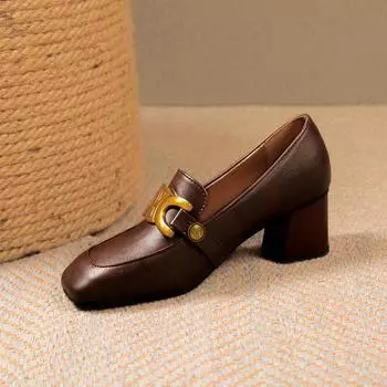 Французские ретро-туфли женские весна 2025 новые туфли из мягкой кожи с металлической пряжкой на среднем толстом каблуке маленькие кожаные туфли 35 чёрный
