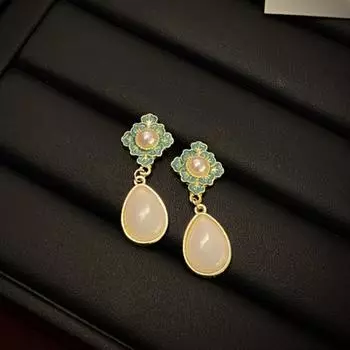 Французские ретро-зеленые серьги-капли с глазурью и цветком, имитация жемчуга, изысканные женские серьги-джокеры