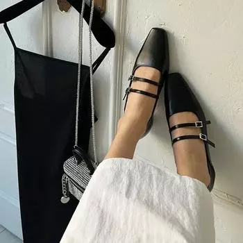 Французские ретро женские балетки модные элегантные туфли с квадратным носком и пряжкой на ремне женские удобные балетки с мягкой подошвой 35 чёрный