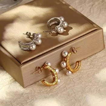 Французские ретро женские серьги премиум-класса из нержавеющей стали с инкрустацией жемчугом простые трендовые серьги с покрытием 18 карат