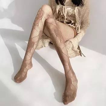 Французские романтические полые сетчатые колготки, милые и крутые индивидуальные жаккардовые колготки Pure Desire, мягкие универсальные чулочно-носочные изделия карамельного цвета as the picture