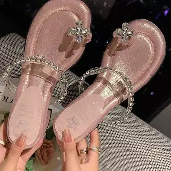 Французские розовые стразы на толстом каблуке, классные тапочки для женщин, носят 2024 год, новый сказочный стиль, красивые сандалии с юбкой летом 34 серебряный