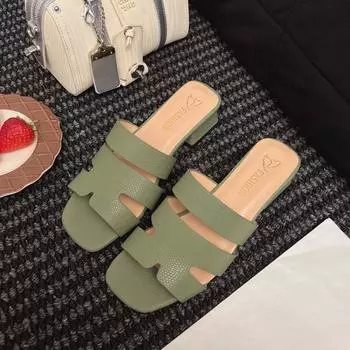 Французские сандалии на толстом каблуке, женские летние верхние туфли, модные туфли на среднем каблуке, большого размера, одно слово, перетаскивание 35 армия зеленый