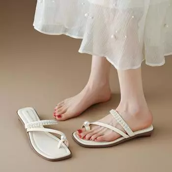 Французские сандалии тапочки женские летние уличные жемчужные клипсы носок пляжные тапочки низкий каблук римские женские туфли 35 чёрный