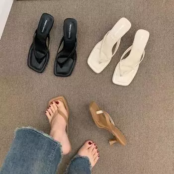 Французские сандалии, вьетнамки, сказочные туфли, летняя одежда 2024 года, новые простые босоножки на высоком каблуке 35 чёрный