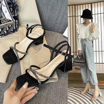 Французские сандалии женские на среднем каблуке с пряжкой из одного слова, нишевый сказочный темперамент модные сандалии 35 чёрный